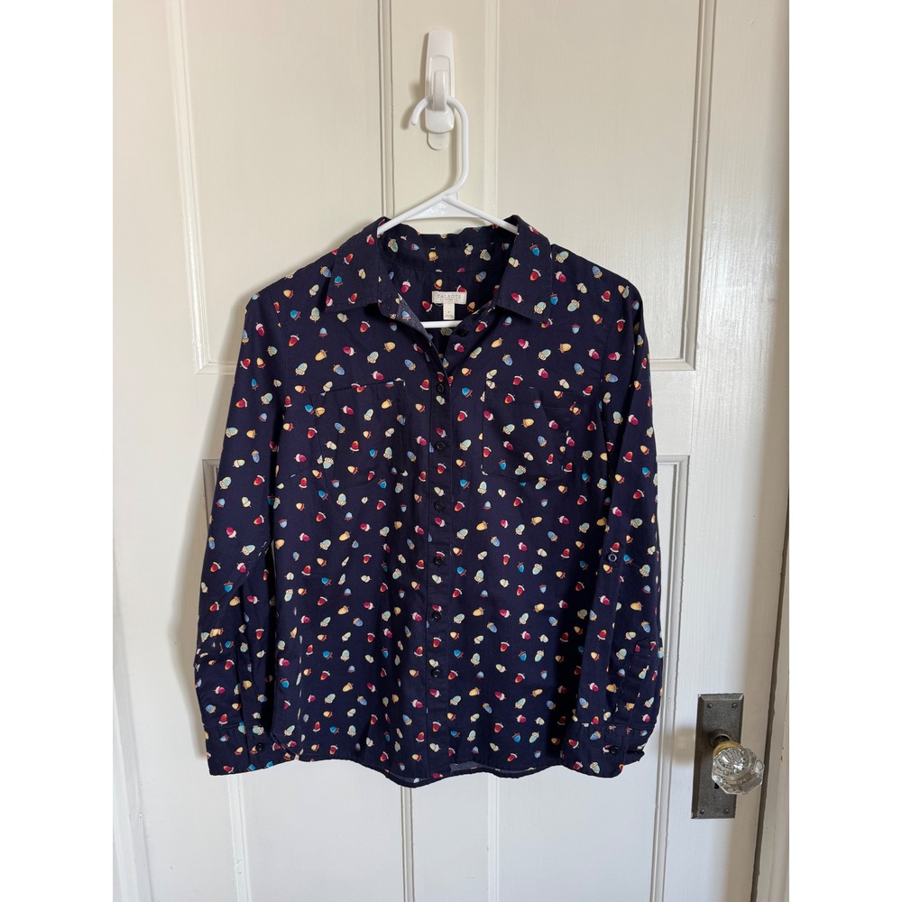 Talbots acorn print navy button front top size small petite